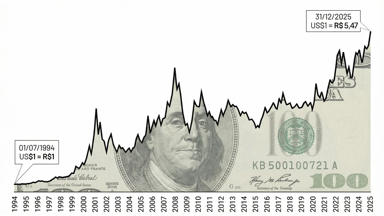 Valor do dólar em reais de 1994 a 2025