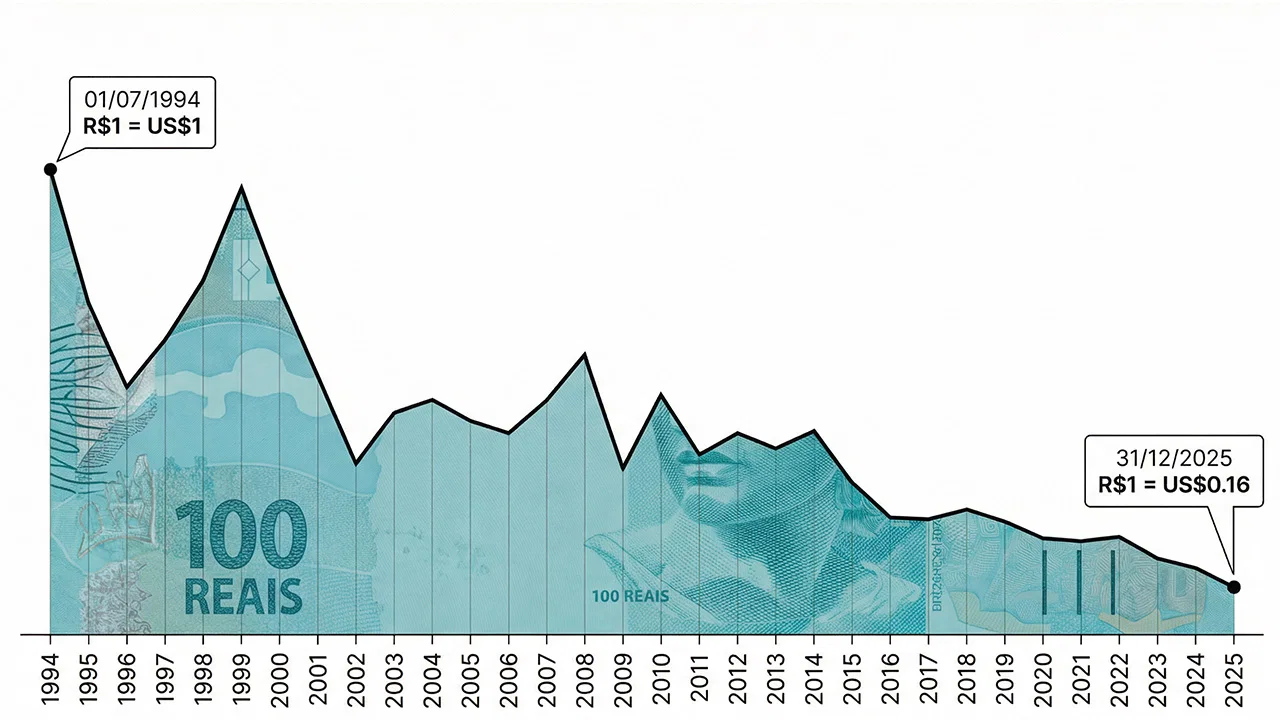 Valor do real em dólares de 1994 a 2025